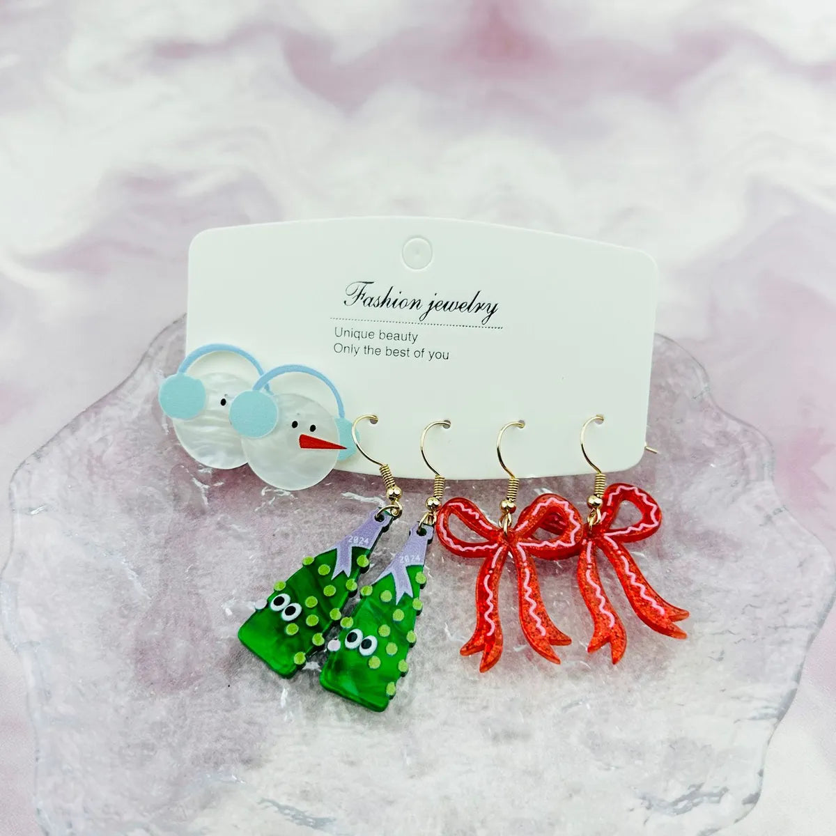 1 Set Cartoon Style Bow Knot Wine Bottle Snowman Arylic Drop Earrings