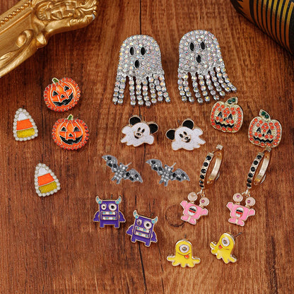 1 Set Cartoon Style Funny Pumpkin Bat Skull Alloy Ear Studs