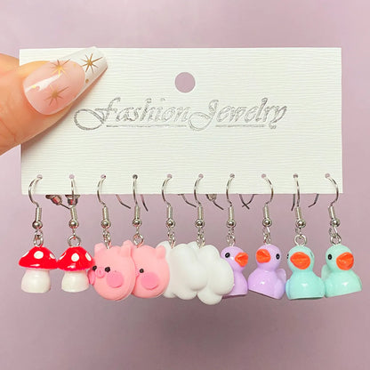 1 Set Cartoon Style Heart Shape Mushroom Duck Alloy Resin Patchwork Women's Drop Earrings