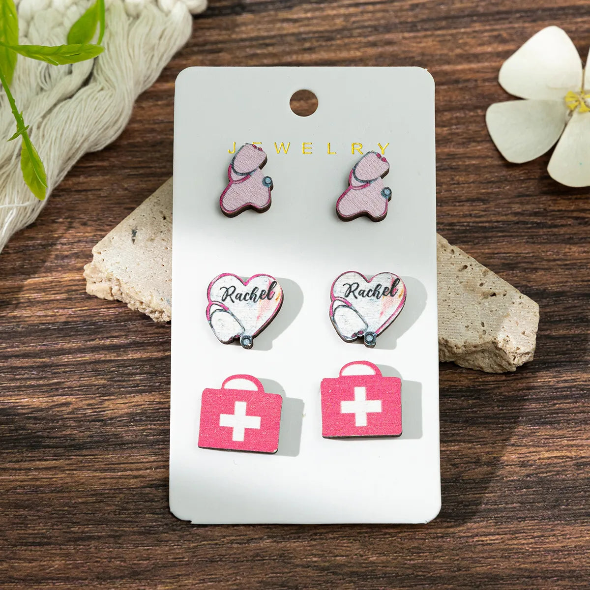 1 Set Cartoon Style Modern Style Book Electrocardiogram Apple Wood Ear Studs