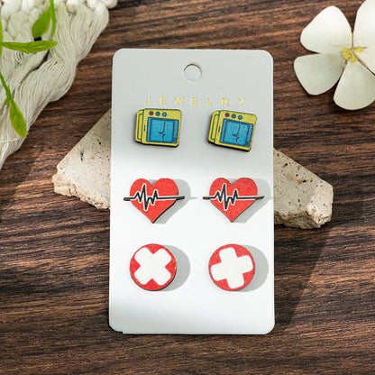 1 Set Cartoon Style Modern Style Book Electrocardiogram Apple Wood Ear Studs