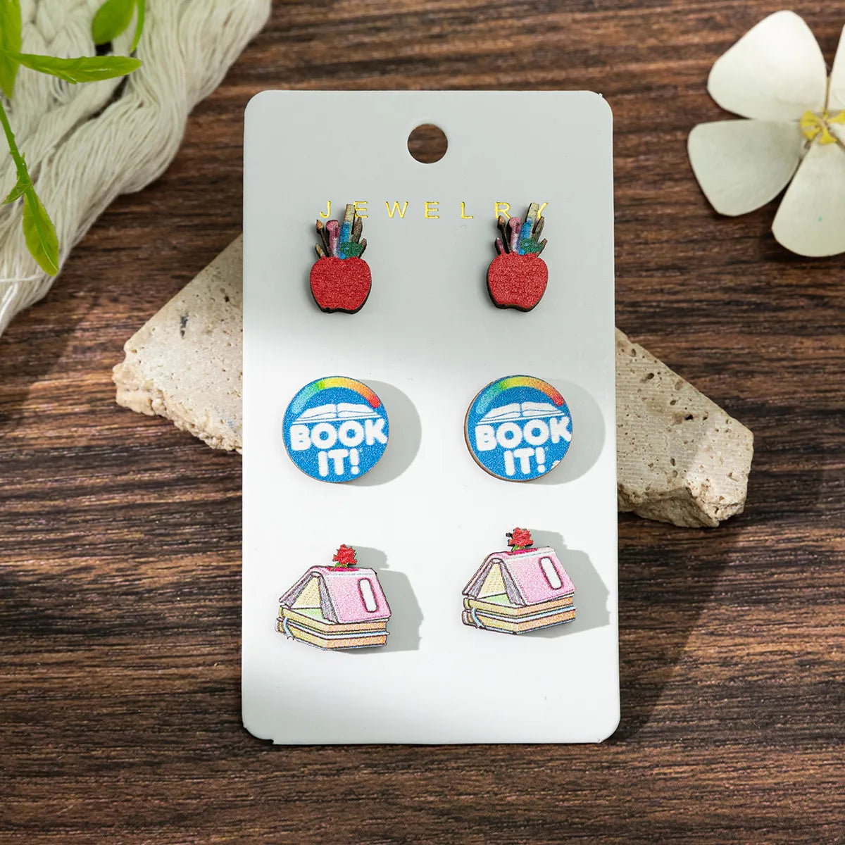 1 Set Cartoon Style Modern Style Book Electrocardiogram Apple Wood Ear Studs