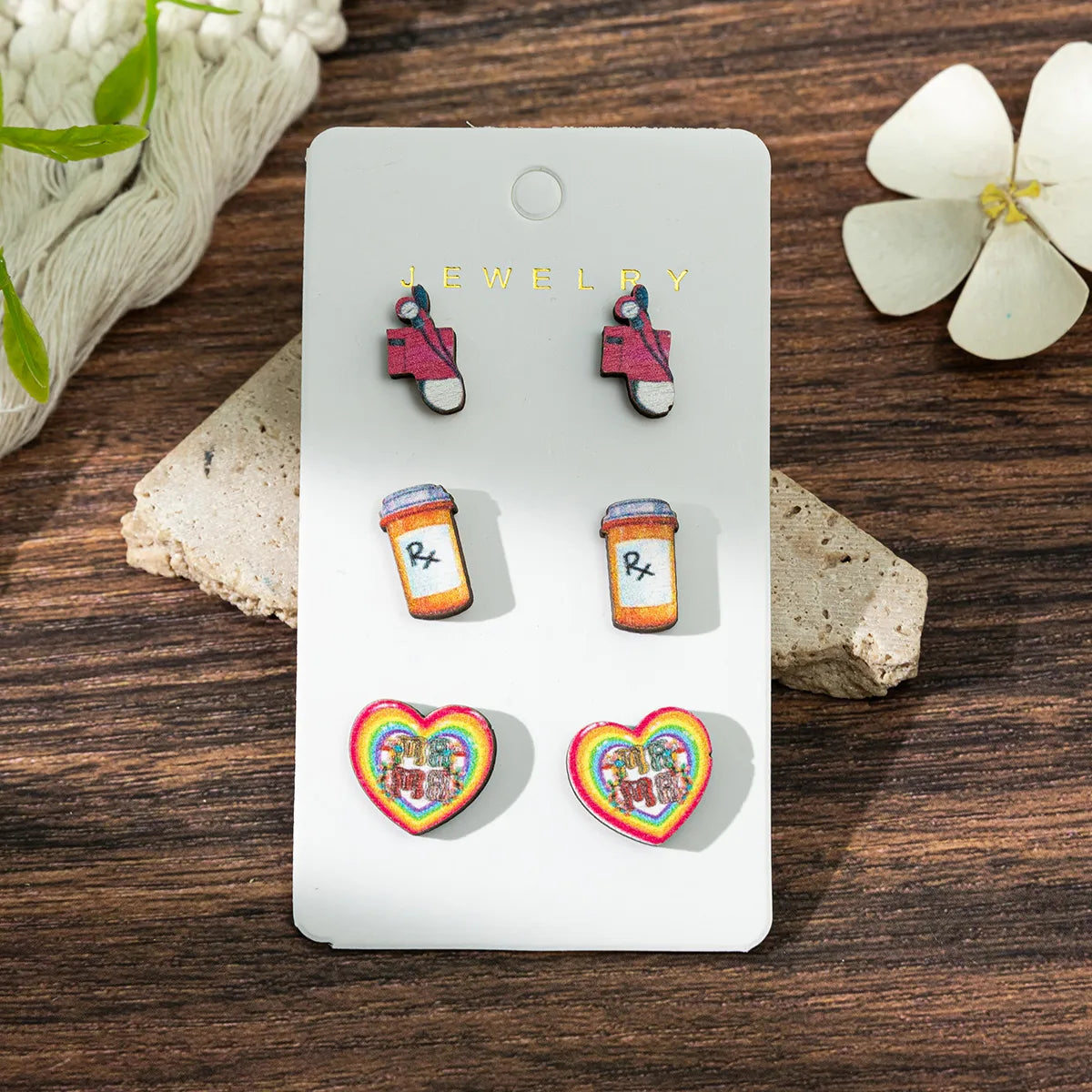 1 Set Cartoon Style Modern Style Book Electrocardiogram Apple Wood Ear Studs