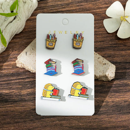 1 Set Cartoon Style Modern Style Book Electrocardiogram Apple Wood Ear Studs