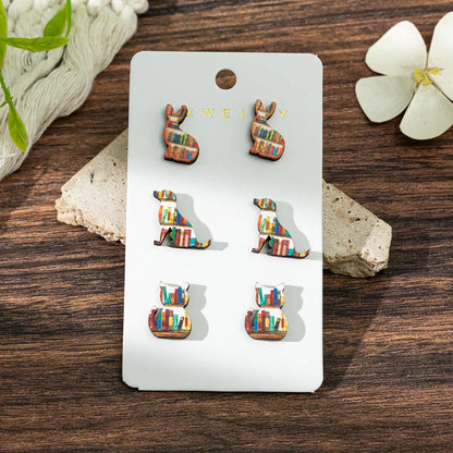 1 Set Cartoon Style Modern Style Book Electrocardiogram Apple Wood Ear Studs