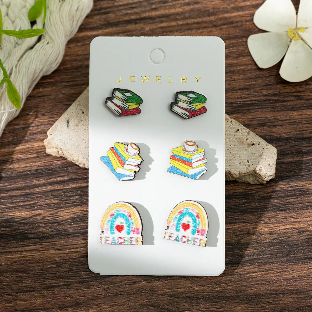 1 Set Cartoon Style Modern Style Book Electrocardiogram Apple Wood Ear Studs