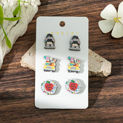 1 Set Cartoon Style Modern Style Book Electrocardiogram Apple Wood Ear Studs