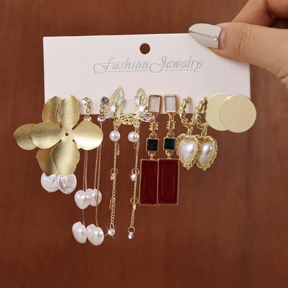 1 Set Casual Classic Style Commute Heart Shape Flower Butterfly Inlay Alloy Artificial Pearls Glass 18K Gold Plated Drop Earrings Ear Studs