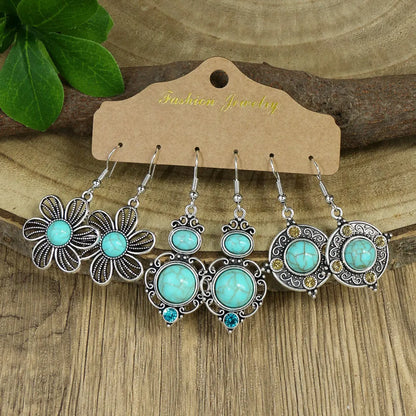 1 Set Casual Ethnic Style Geometric Inlay Alloy Turquoise Rhinestones Drop Earrings