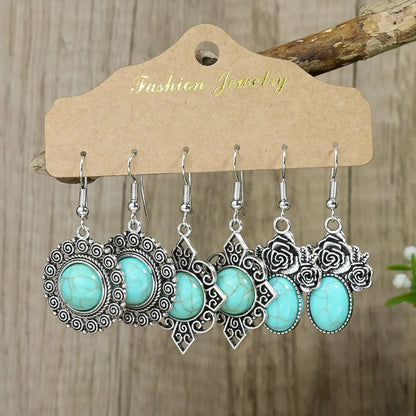 1 Set Casual Ethnic Style Geometric Inlay Alloy Turquoise Rhinestones Drop Earrings