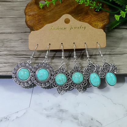 1 Set Casual Ethnic Style Geometric Inlay Alloy Turquoise Rhinestones Drop Earrings