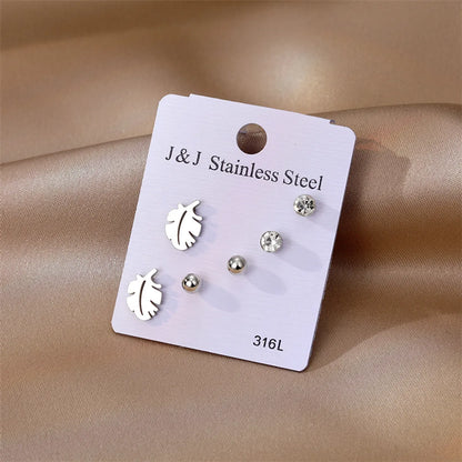 1 Set Casual Leaves Stainless Steel Plating Inlay Zircon Ear Studs