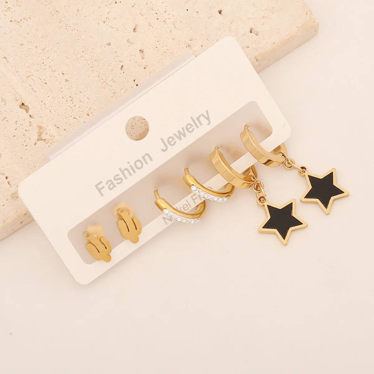 1 Set Classic Style Commute Star Moon Heart Shape Enamel Inlay Stainless Steel Zircon Earrings