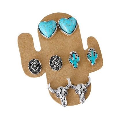 1 Set Cowboy Style Classic Style Cactus Heart Shape Boots Plating Inlay Zinc Alloy Turquoise Ear Studs