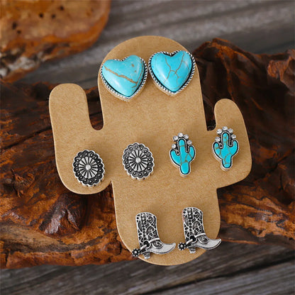 1 Set Cowboy Style Classic Style Cactus Heart Shape Boots Plating Inlay Zinc Alloy Turquoise Ear Studs