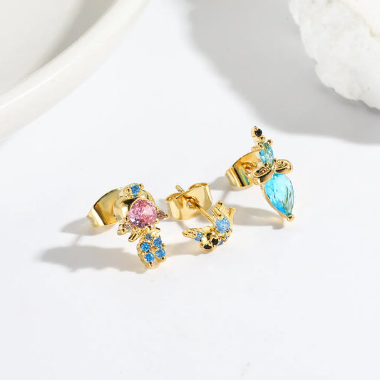 1 Set Cute Cartoon Character Plating Inlay Copper Zircon 18k Gold Plated Ear Studs