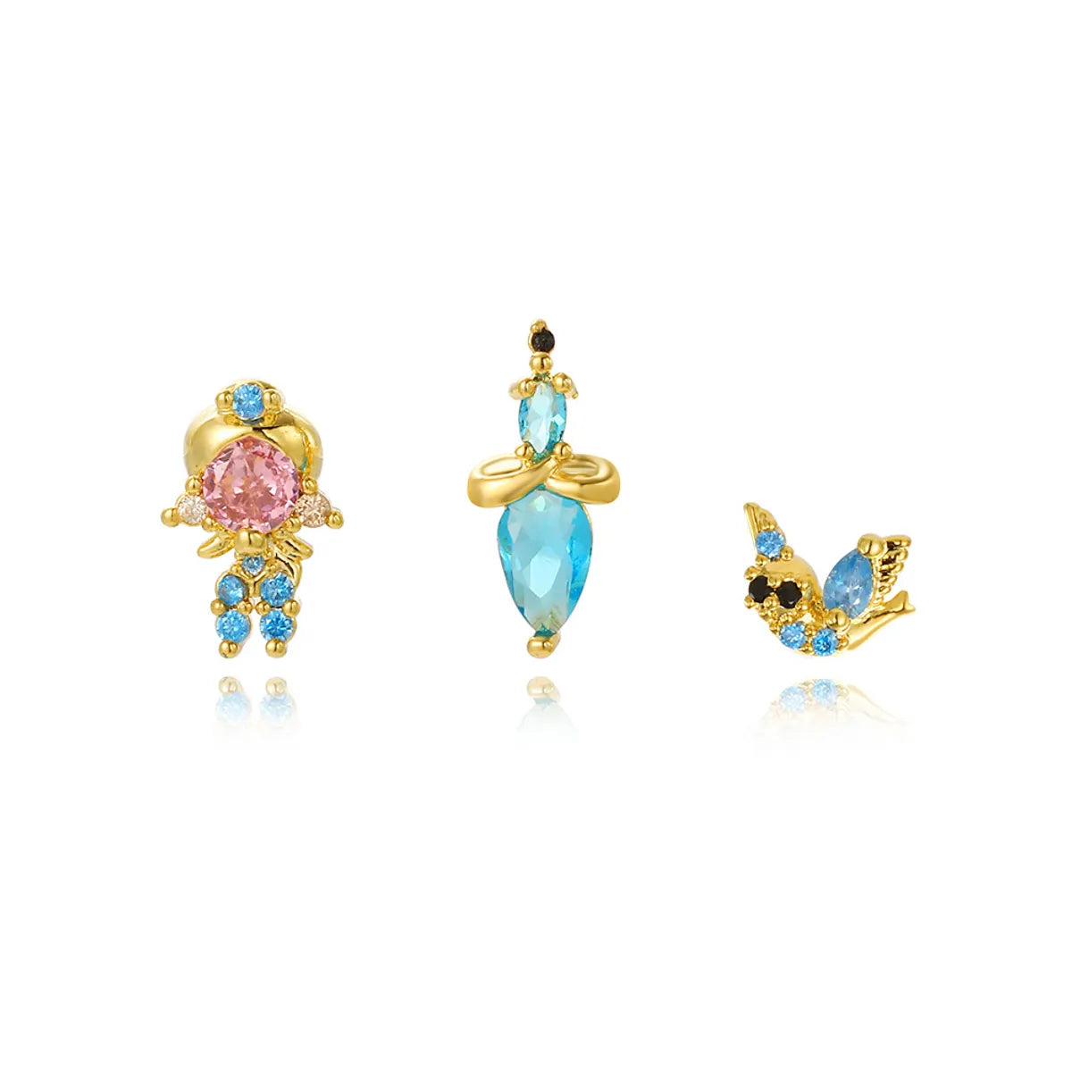 1 Set Cute Cartoon Character Plating Inlay Copper Zircon 18k Gold Plated Ear Studs