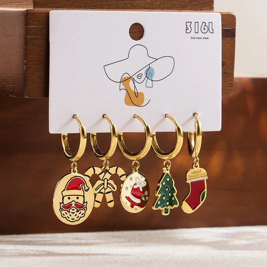 1 Set Cute Classic Style Christmas Tree Santa Claus Snowman Enamel Plating Stainless Steel 14k Gold Plated Drop Earrings