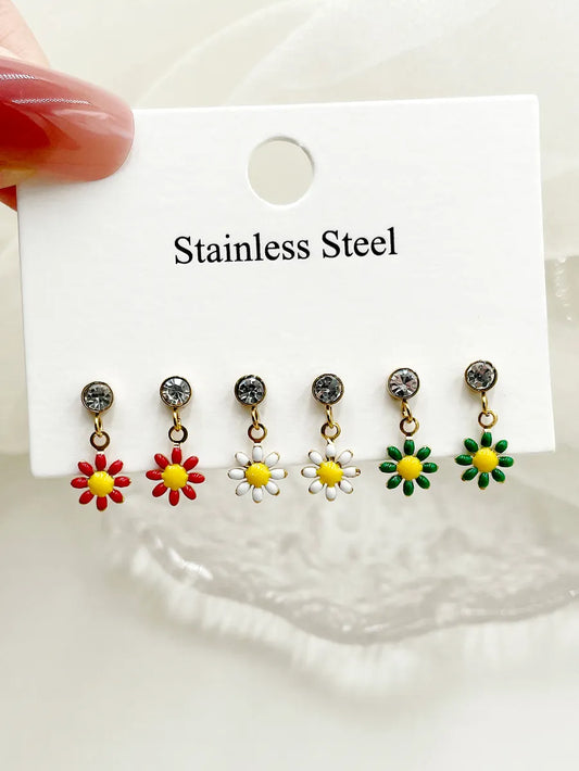 1 Set Cute French Style Sweet Flower Enamel Plating Inlay Stainless Steel Artificial Pearls Zircon Gold Plated Ear Studs