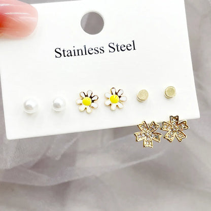 1 Set Cute French Style Sweet Flower Enamel Plating Inlay Stainless Steel Artificial Pearls Zircon Gold Plated Ear Studs