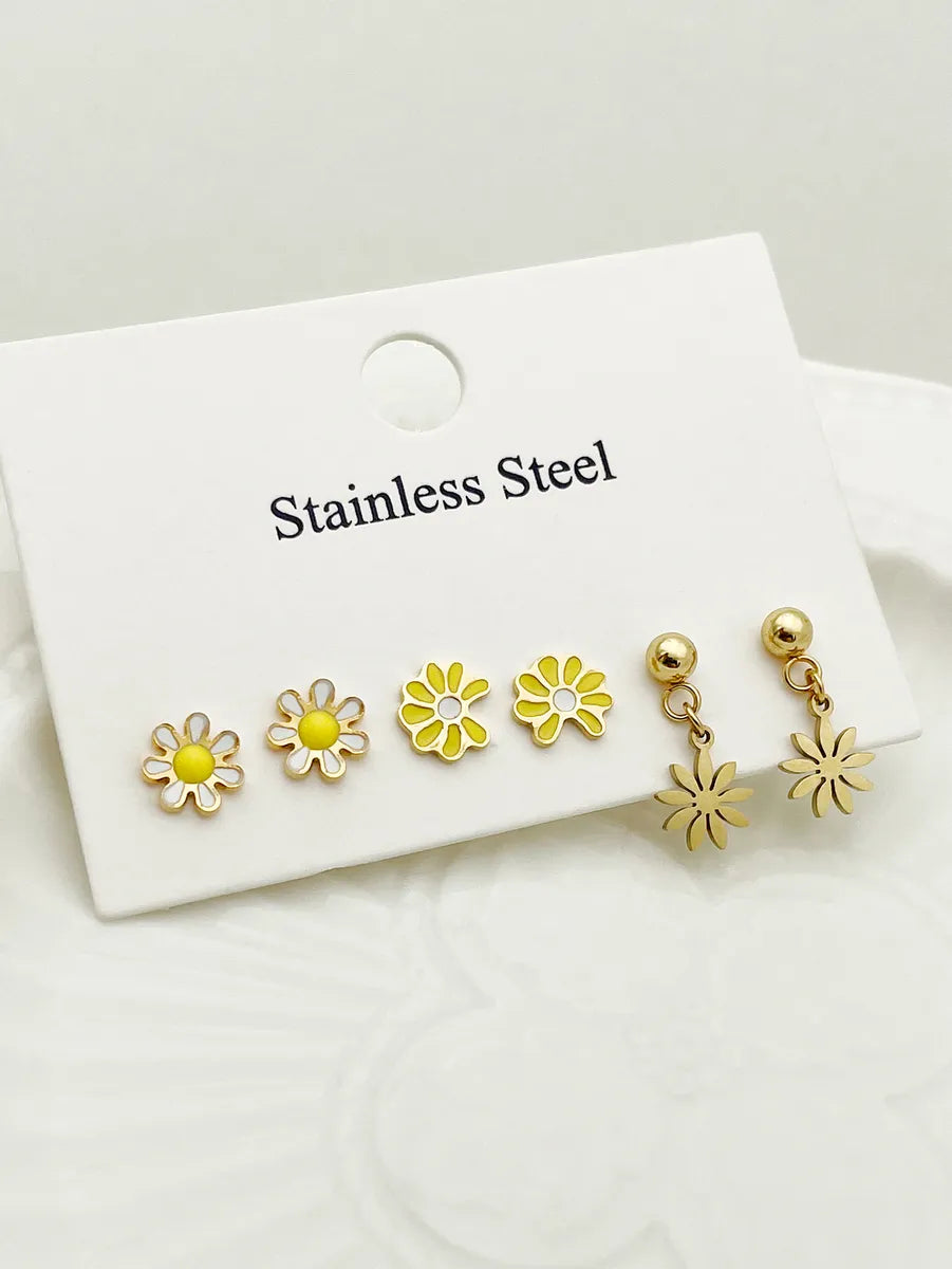 1 Set Cute French Style Sweet Flower Enamel Plating Inlay Stainless Steel Artificial Pearls Zircon Gold Plated Ear Studs