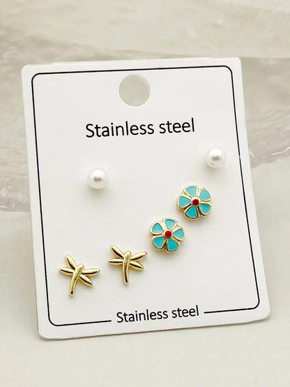 1 Set Cute French Style Sweet Flower Enamel Plating Inlay Stainless Steel Artificial Pearls Zircon Gold Plated Ear Studs