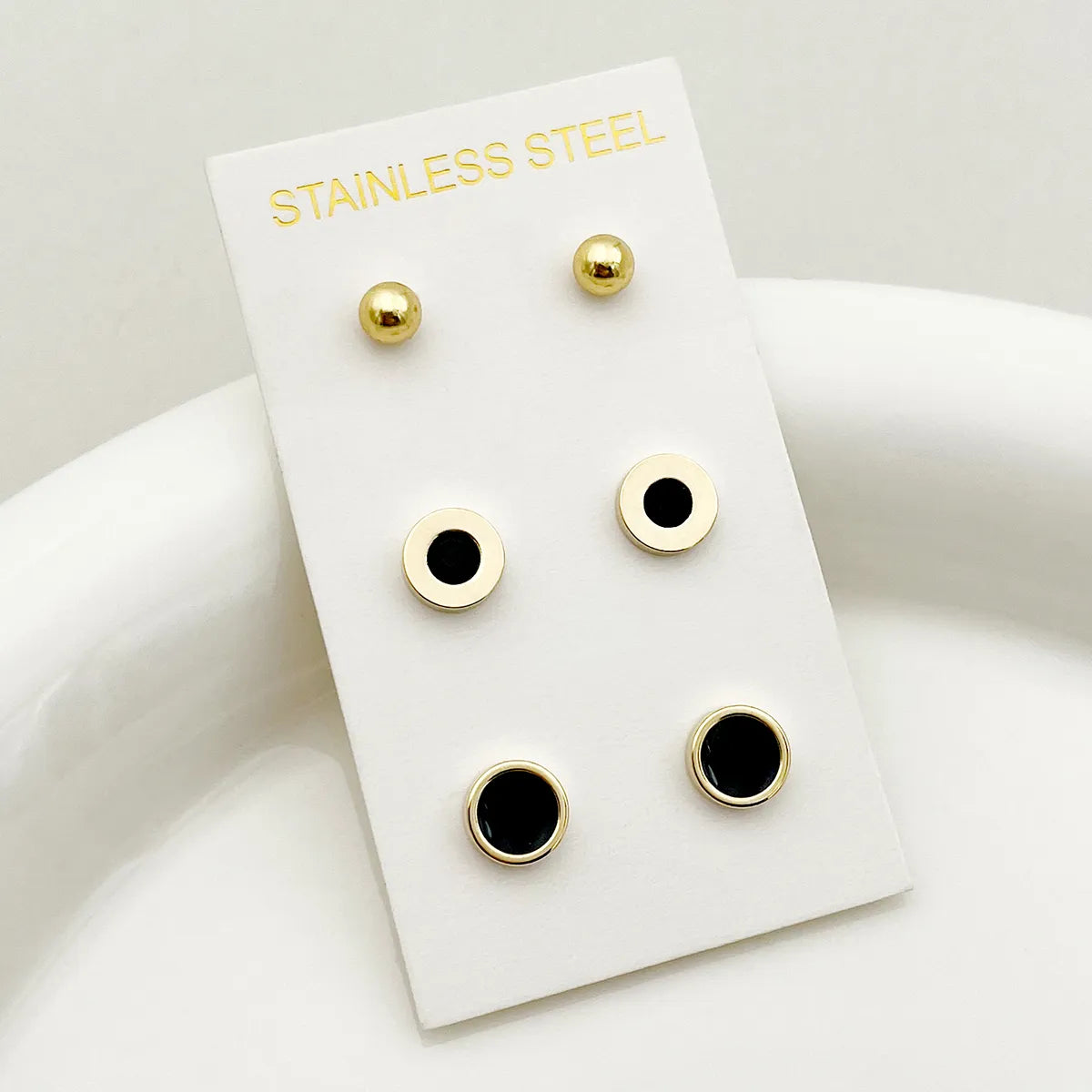 1 Set Cute French Style Sweet Round Enamel Plating Inlay Stainless Steel Artificial Pearls Zircon Gold Plated Ear Studs