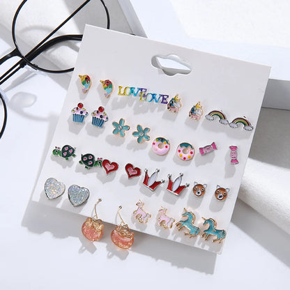 1 Set Cute Heart Shape Fox Cake Alloy Enamel Inlay Pearl Women's Ear Studs