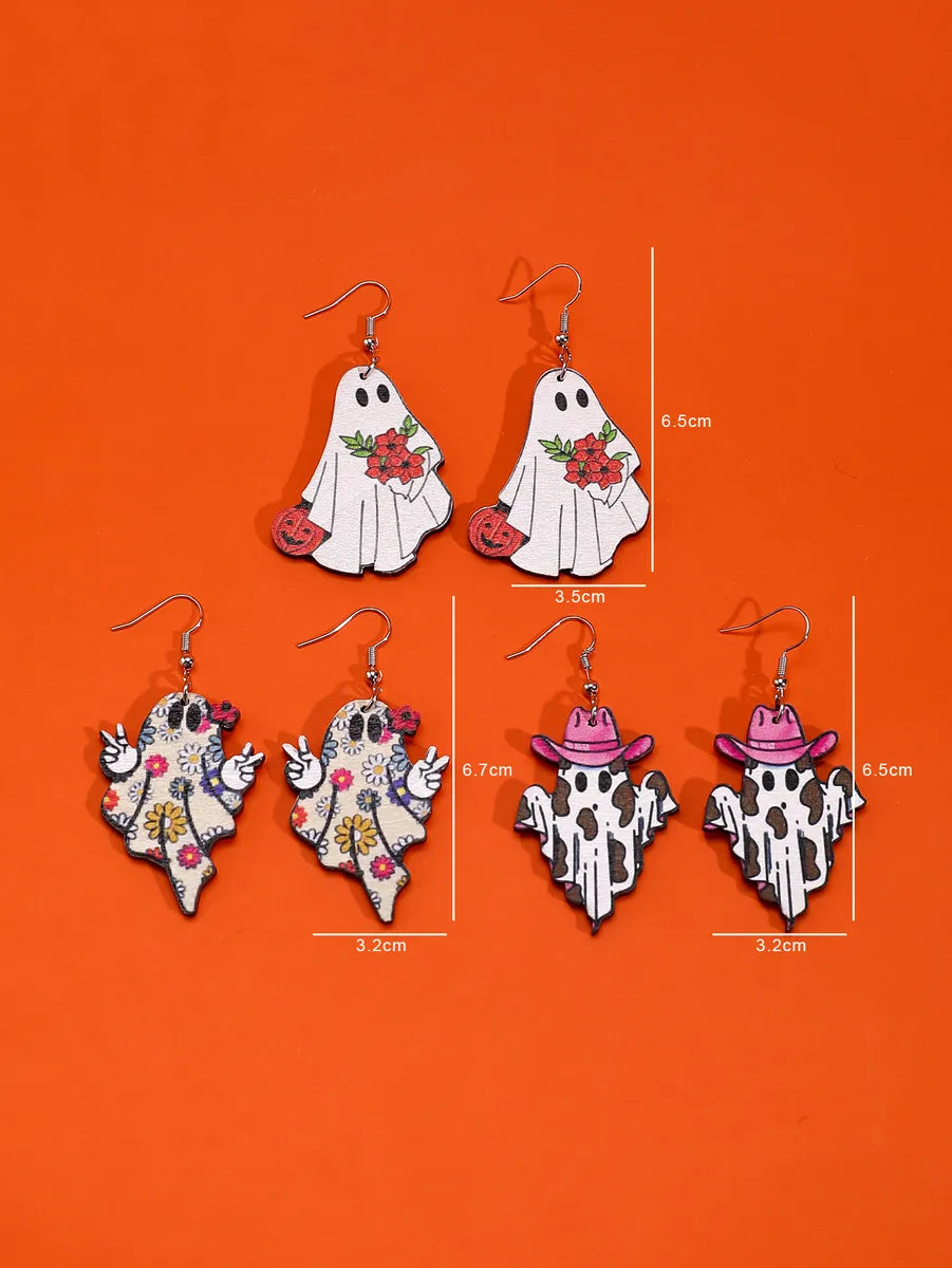 1 Set Cute Hip-Hop Funny Pumpkin Ghost Cat Wood Iron Drop Earrings