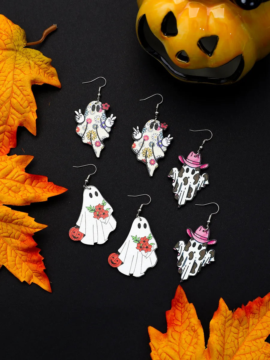 1 Set Cute Hip-Hop Funny Pumpkin Ghost Cat Wood Iron Drop Earrings