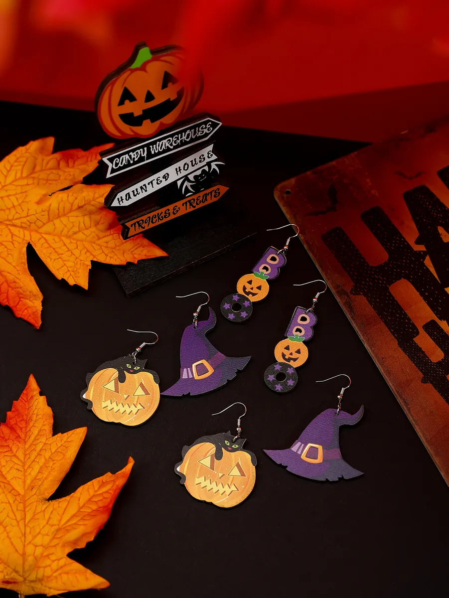 1 Set Cute Hip-Hop Funny Pumpkin Ghost Cat Wood Iron Drop Earrings