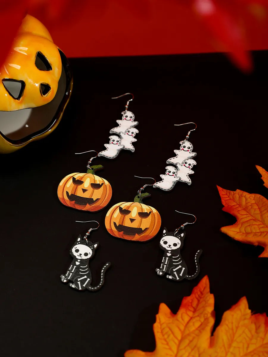 1 Set Cute Hip-Hop Funny Pumpkin Ghost Cat Wood Iron Drop Earrings