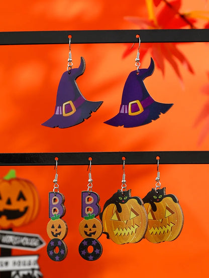 1 Set Cute Hip-Hop Funny Pumpkin Ghost Cat Wood Iron Drop Earrings