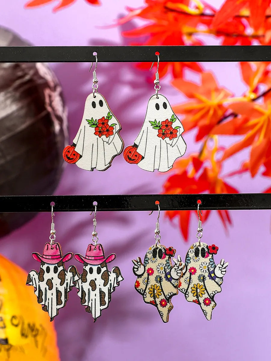 1 Set Cute Hip-Hop Funny Pumpkin Ghost Cat Wood Iron Drop Earrings