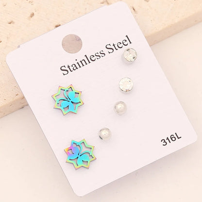 1 Set Cute Romantic Heart Shape Crown Butterfly Plating Inlay Stainless Steel Zircon Ear Studs