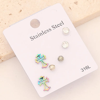 1 Set Cute Romantic Heart Shape Crown Butterfly Plating Inlay Stainless Steel Zircon Ear Studs