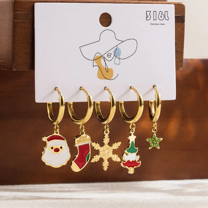 1 Set Cute Romantic Santa Claus Cattle Snowman Enamel Plating Inlay Stainless Steel Zircon 14k Gold Plated Drop Earrings