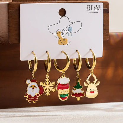 1 Set Cute Romantic Santa Claus Cattle Snowman Enamel Plating Inlay Stainless Steel Zircon 14k Gold Plated Drop Earrings