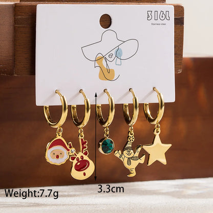 1 Set Cute Romantic Santa Claus Cattle Snowman Enamel Plating Inlay Stainless Steel Zircon 14k Gold Plated Drop Earrings