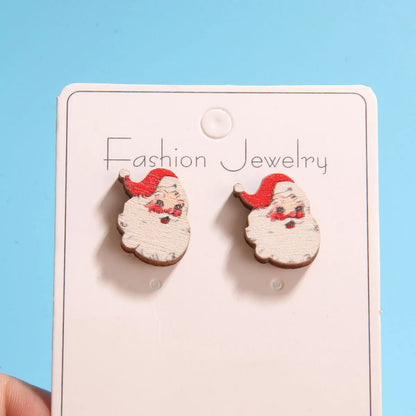 1 Set Cute Simple Style Christmas Tree Santa Claus Sock Printing Wood Ear Studs