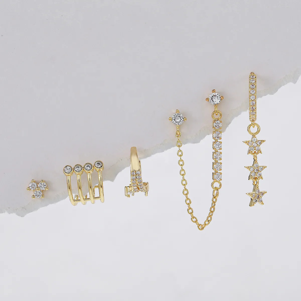 1 Set Cute Sweet Geometric Star Tassel Plating Inlay Brass Zircon 18K Gold Plated Drop Earrings Ear Cuffs Ear Studs