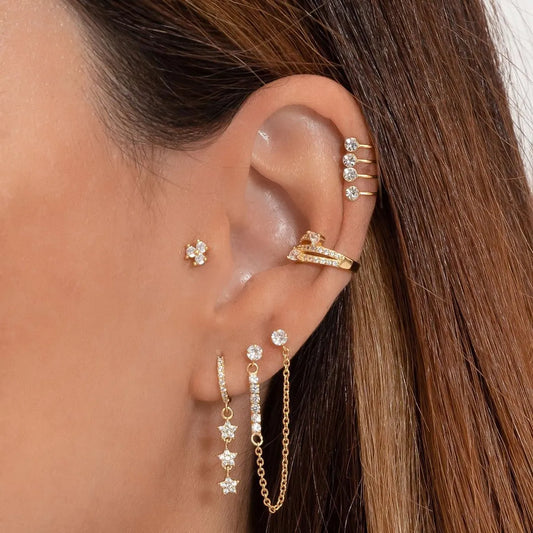 1 Set Cute Sweet Geometric Star Tassel Plating Inlay Brass Zircon 18K Gold Plated Drop Earrings Ear Cuffs Ear Studs