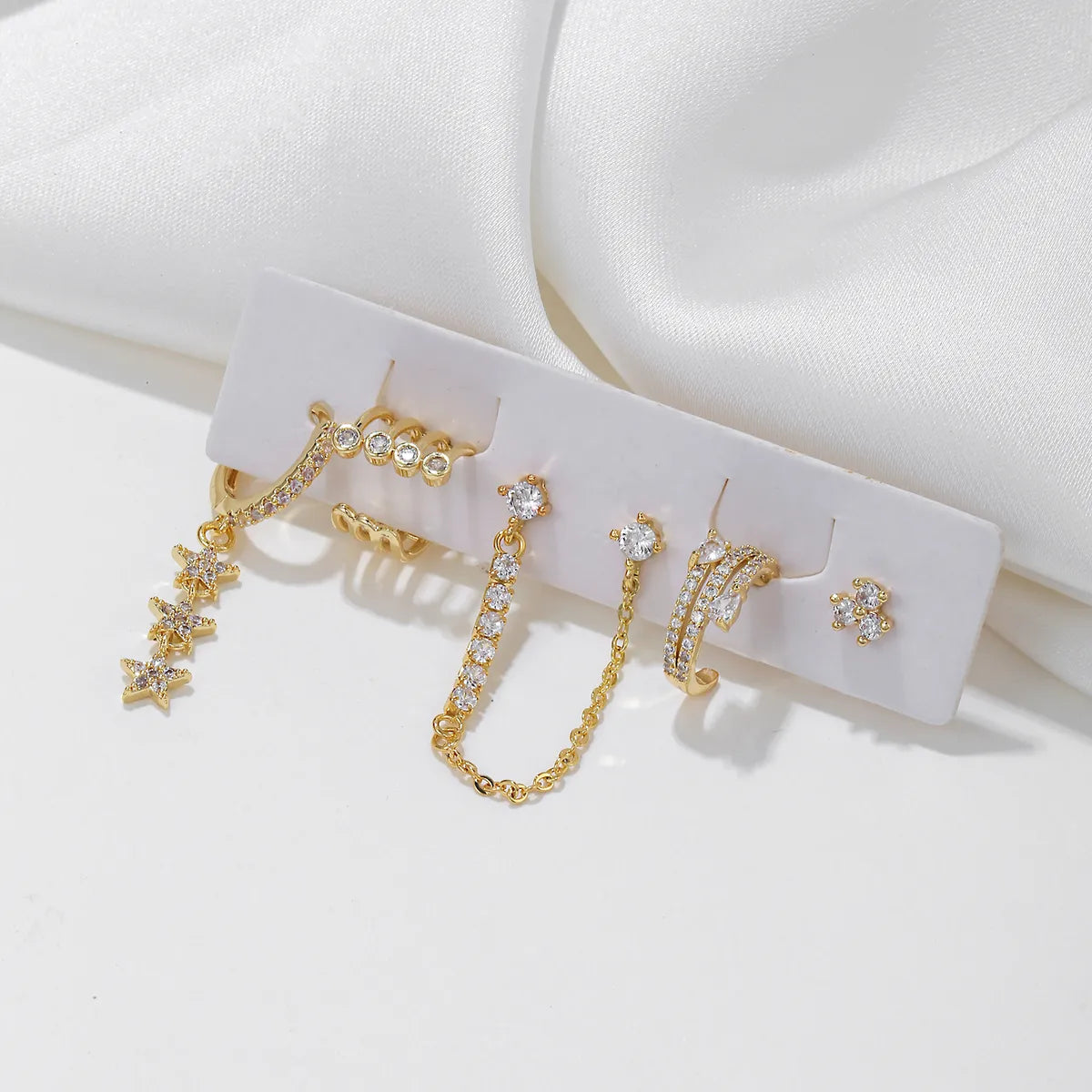 1 Set Cute Sweet Geometric Star Tassel Plating Inlay Brass Zircon 18K Gold Plated Drop Earrings Ear Cuffs Ear Studs