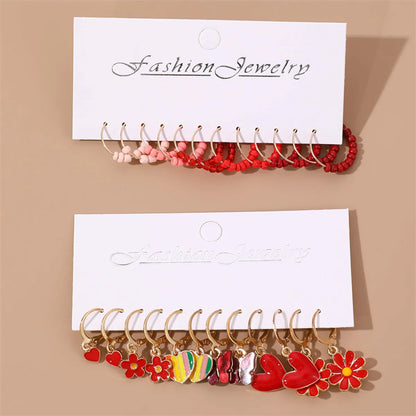 1 Set Cute Sweet Heart Shape Butterfly Beaded Hollow Out Alloy Earrings