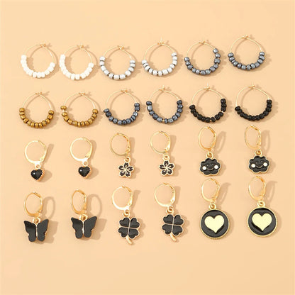 1 Set Cute Sweet Heart Shape Butterfly Beaded Hollow Out Alloy Earrings