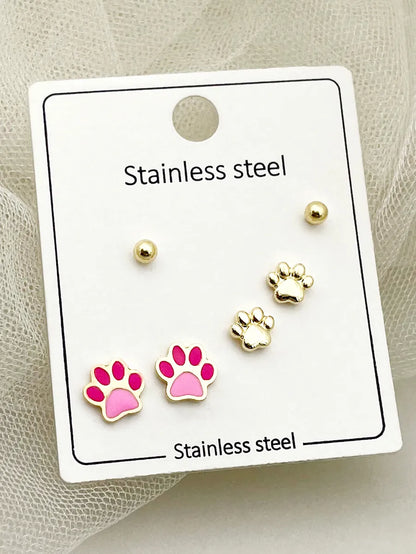 1 Set Cute Sweet Lips Star Paw Print Enamel Plating Inlay Stainless Steel Artificial Pearls Gold Plated Ear Studs