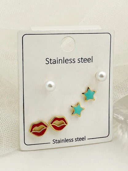 1 Set Cute Sweet Lips Star Paw Print Enamel Plating Inlay Stainless Steel Artificial Pearls Gold Plated Ear Studs