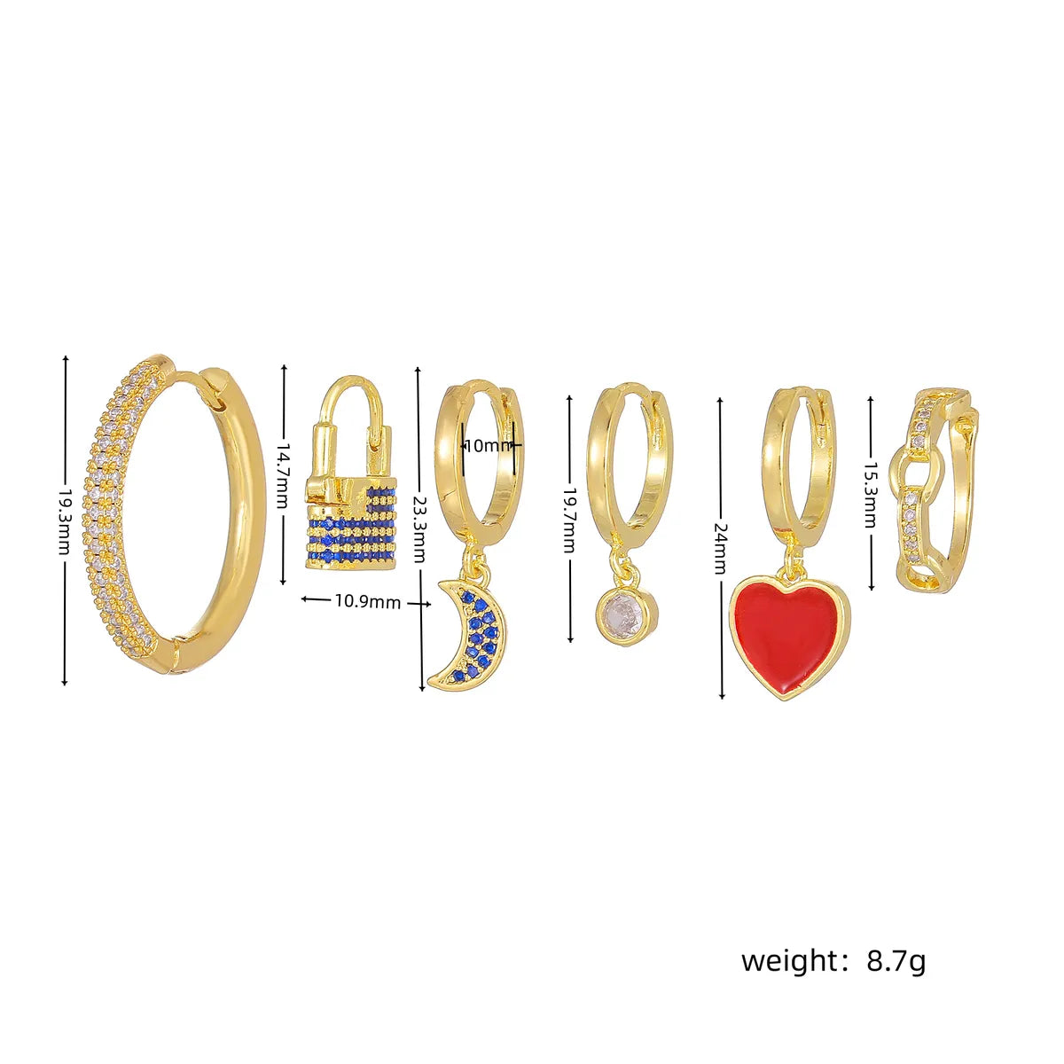 1 Set Cute Sweet Moon Heart Shape Lock Inlay Brass Zircon 18K Gold Plated Drop Earrings Earrings