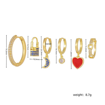 1 Set Cute Sweet Moon Heart Shape Lock Inlay Brass Zircon 18K Gold Plated Drop Earrings Earrings