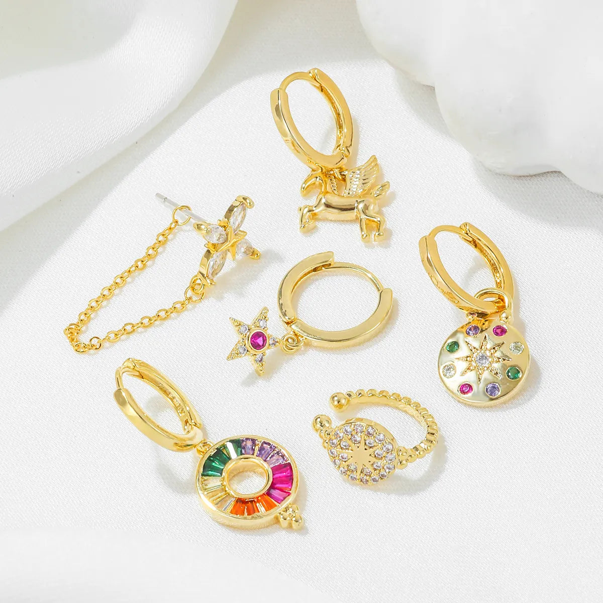 1 Set Cute Sweet Star Horse Plating Chain Inlay Brass Zircon 18k Gold Plated Silver Plated Drop Earrings